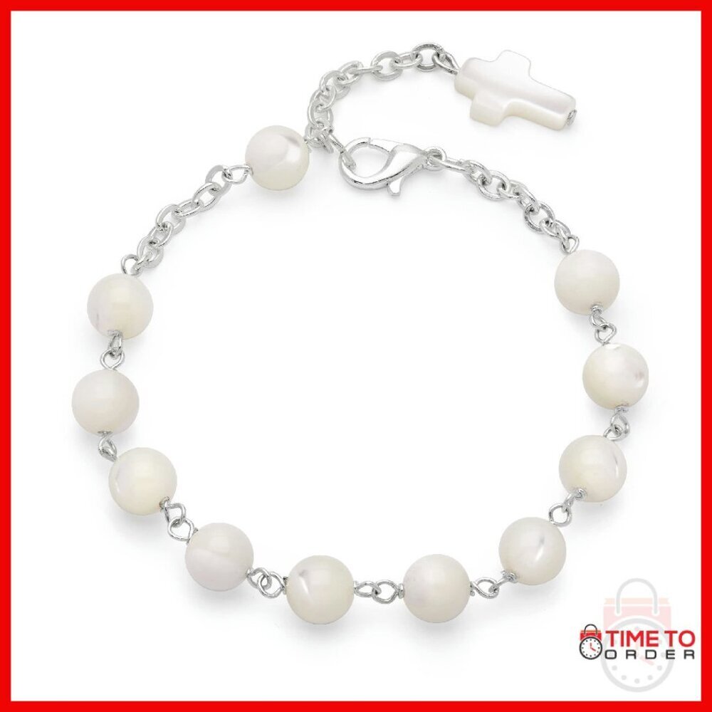 Mother of Pearl Rosary Bracelet, Stainless Steel Chain, 8.7 Inch